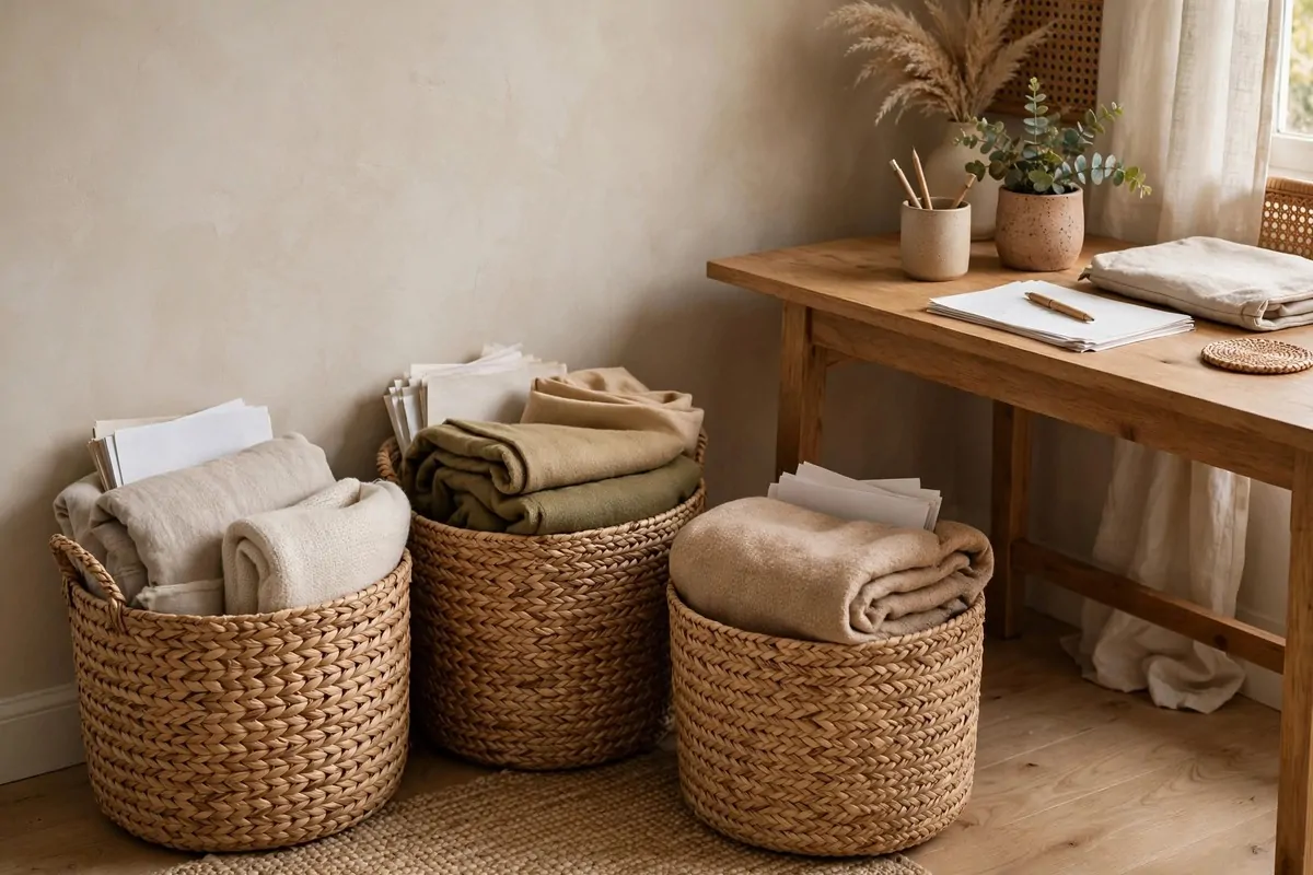 30 Office Ideas That Look Expensive but Cost Almost Nothing 23 Home office corner with woven seagrass baskets holding supplies, no people