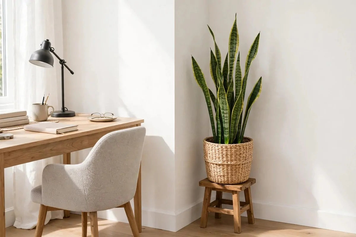 30 Office Ideas That Look Expensive but Cost Almost Nothing 24 Home office with a tall snake plant in a woven basket in the corner, no people