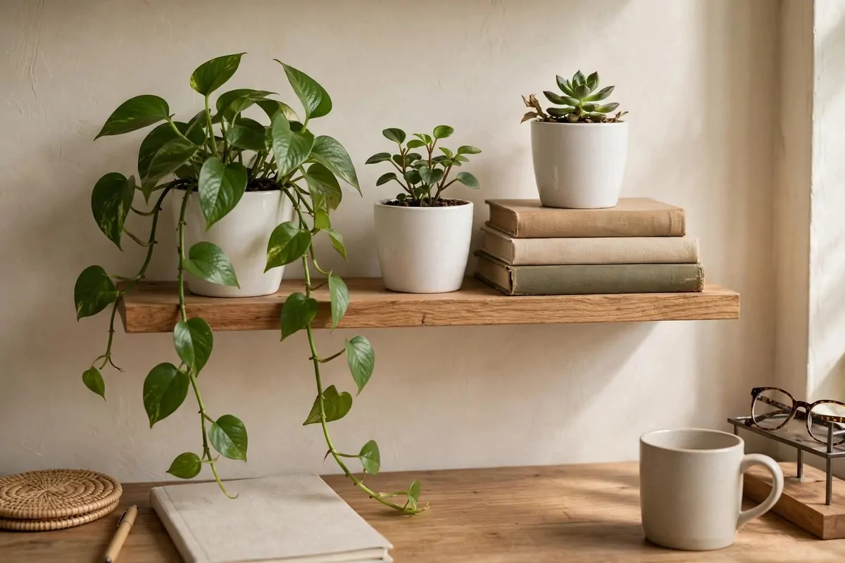 30 Office Ideas That Look Expensive but Cost Almost Nothing 25 Home office shelf with small plants in matching white ceramic pots, no people