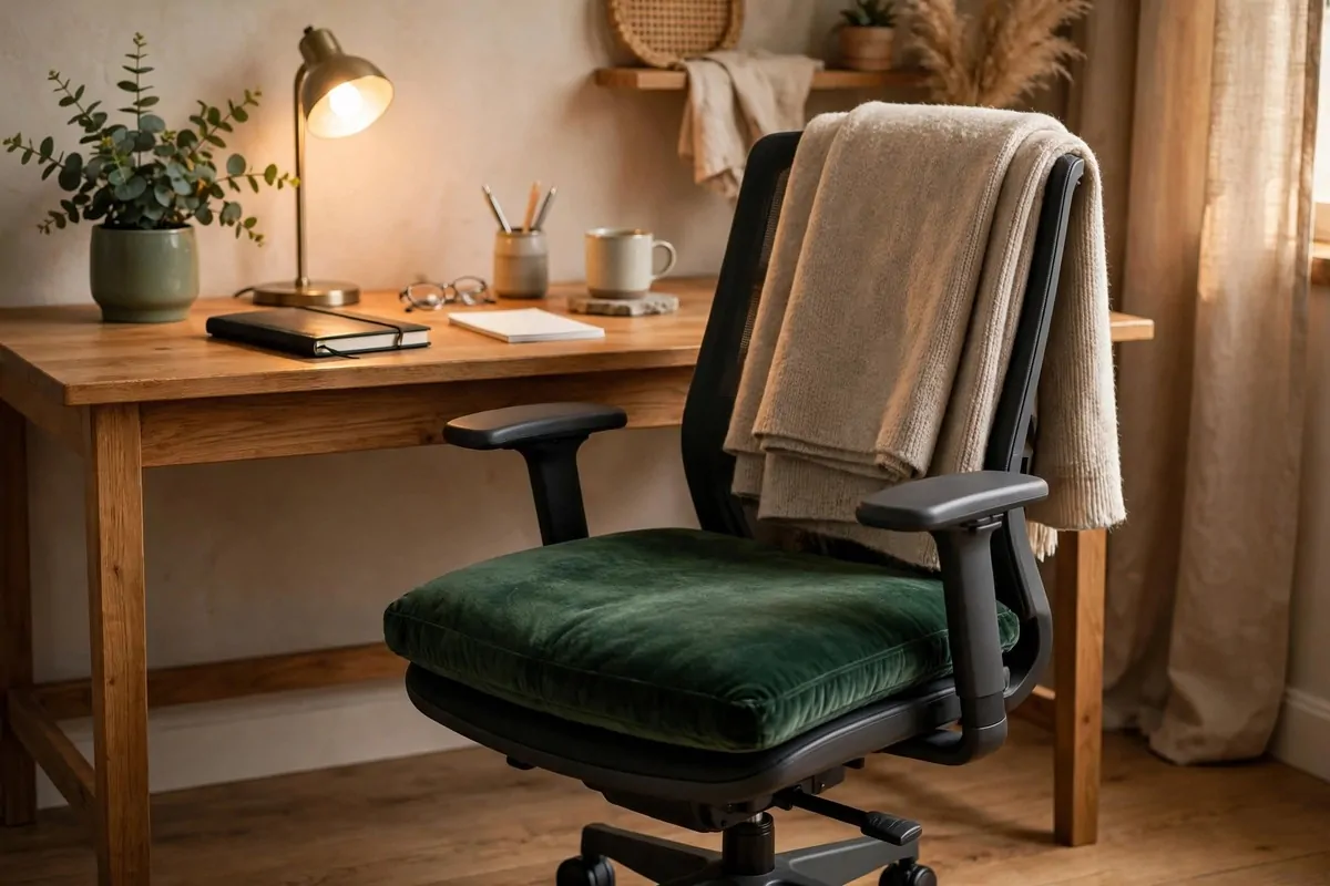 30 Office Ideas That Look Expensive but Cost Almost Nothing 26 Home office with a stylish chair dressed with a velvet cushion and throw, no people