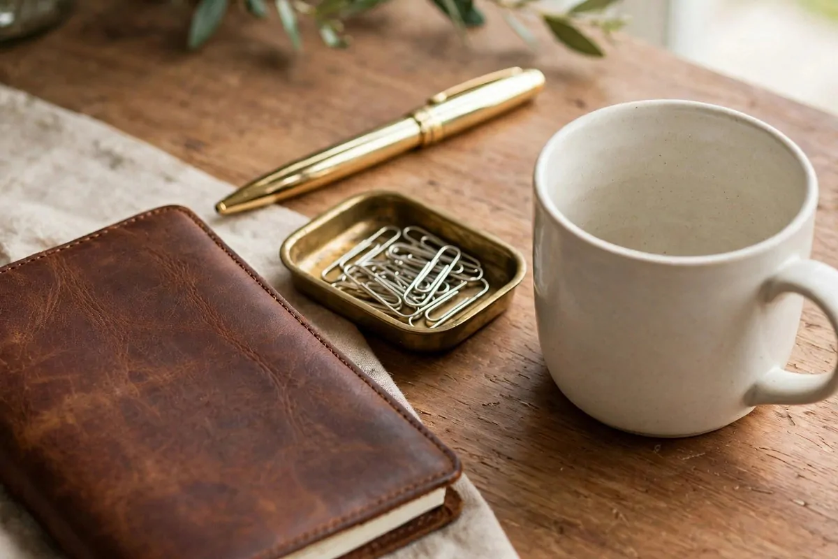 30 Office Ideas That Look Expensive but Cost Almost Nothing 27 Home office desk styled with gold pen, leather notebook and brass tray, no people