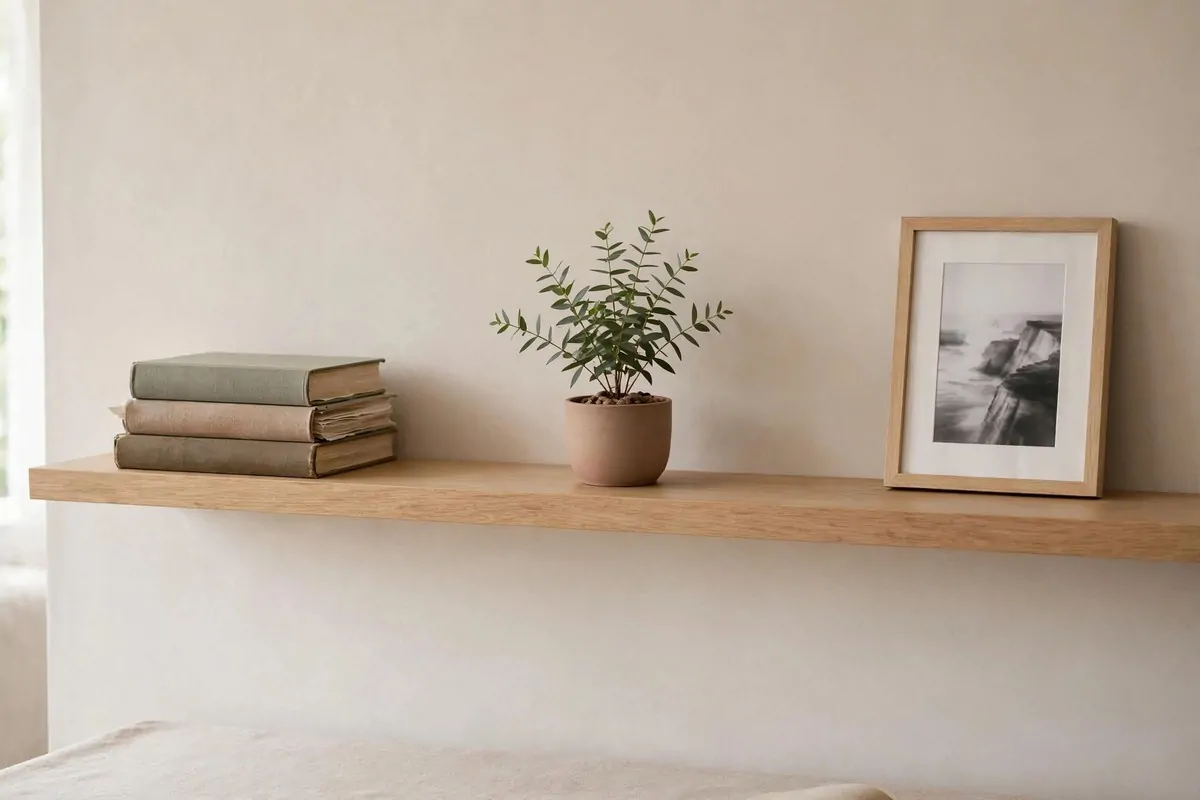 30 Office Ideas That Look Expensive but Cost Almost Nothing 28 Home office floating shelf styled with books, plant and frame in odd-numbered groups, no people