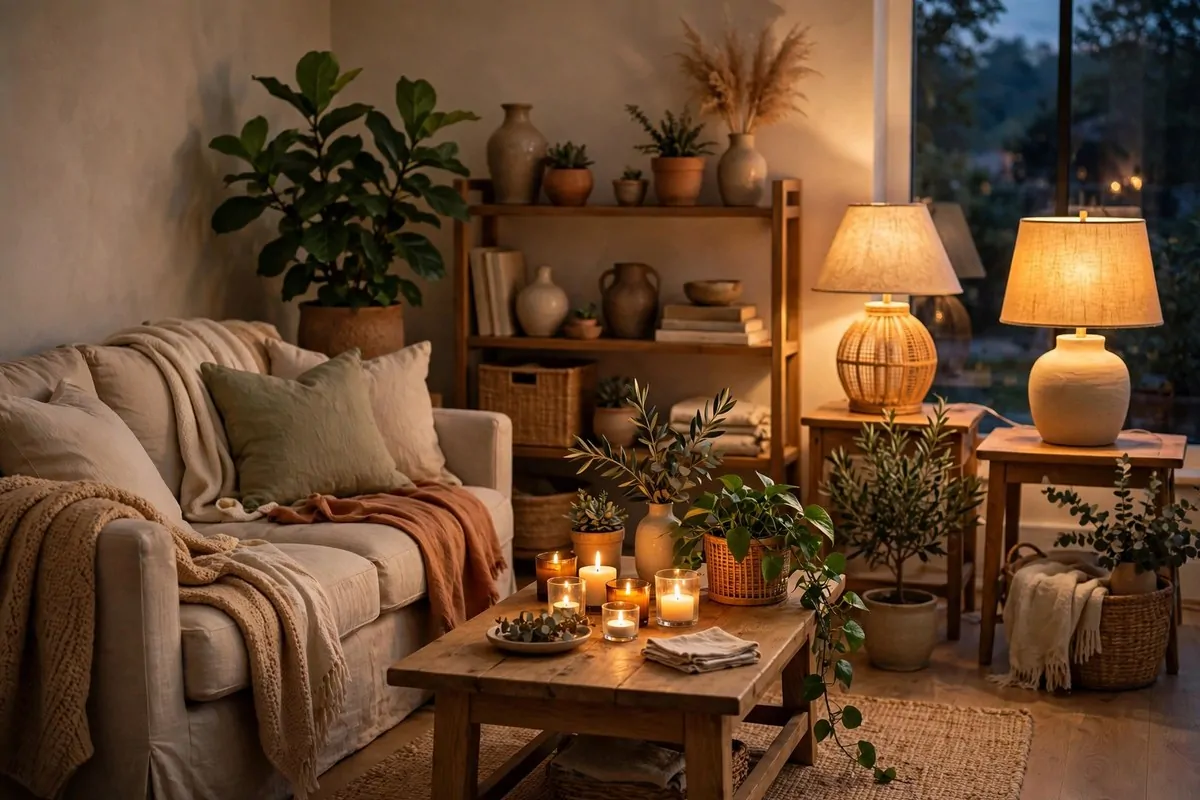 30 Room Decor Upgrades That Instantly Change the Mood 1 Warm glowing table lamps in a cozy living room corner