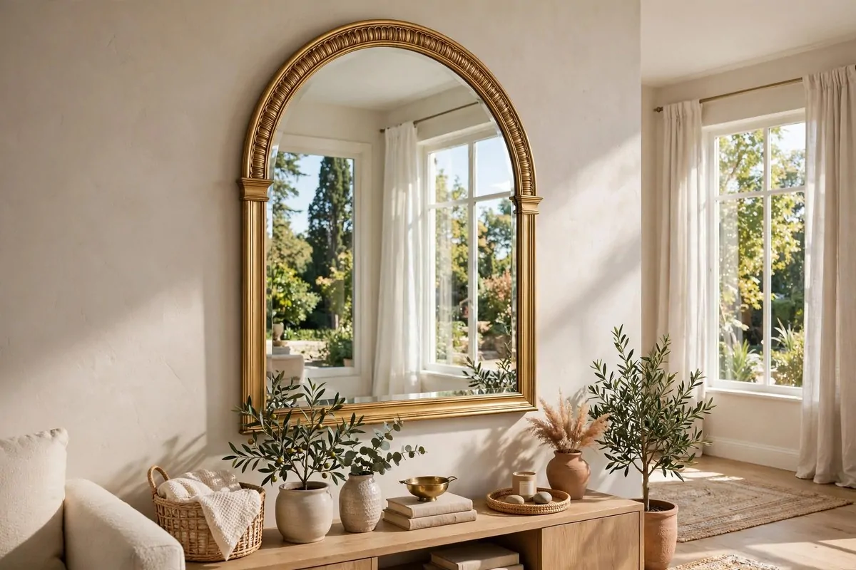 30 Room Decor Upgrades That Instantly Change the Mood 2 Arched statement mirror reflecting window light in a living room