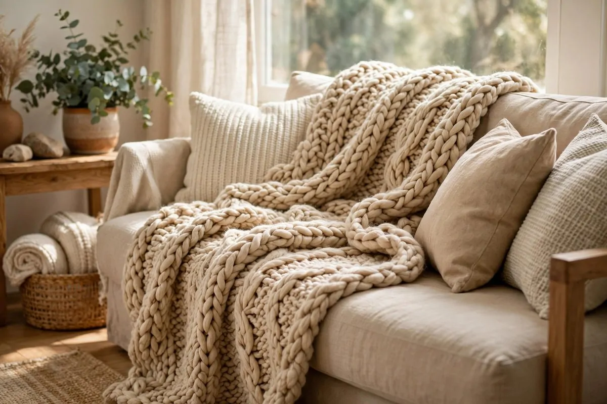30 Room Decor Upgrades That Instantly Change the Mood 3 Chunky knit throw blanket draped over a cozy sofa