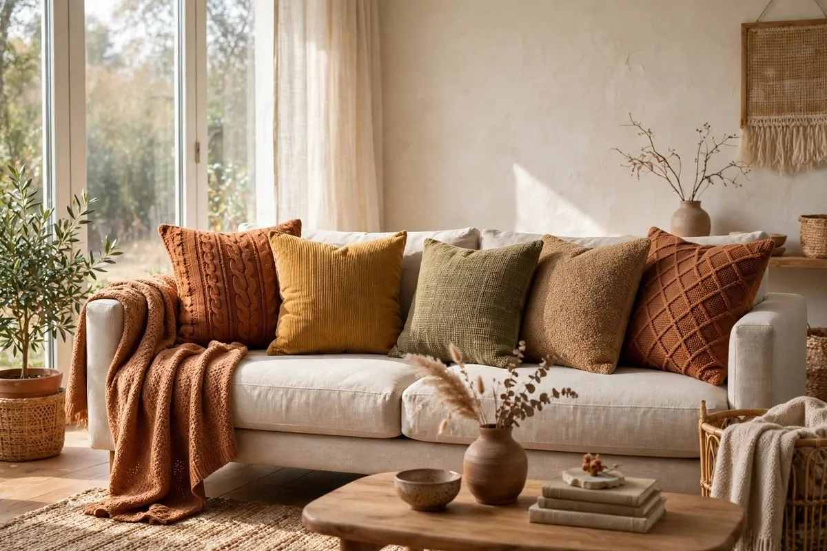 30 Room Decor Upgrades That Instantly Change the Mood 4 Sofa styled with new cushion covers in warm earthy tones