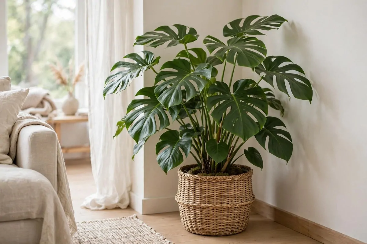 30 Room Decor Upgrades That Instantly Change the Mood 5 Large leafy houseplant in a woven basket in a living room corner