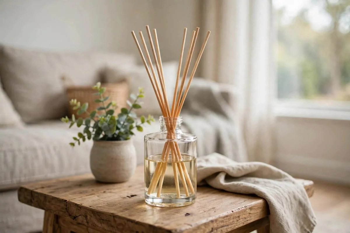30 Room Decor Upgrades That Instantly Change the Mood 6 Reed diffuser in a glass bottle on a wooden side table