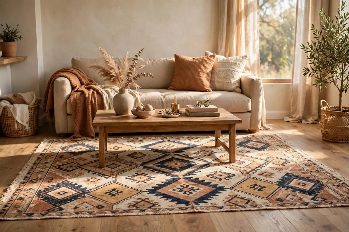 30 Room Decor Upgrades That Instantly Change the Mood 8 Patterned area rug anchoring a living room with sofa and coffee table