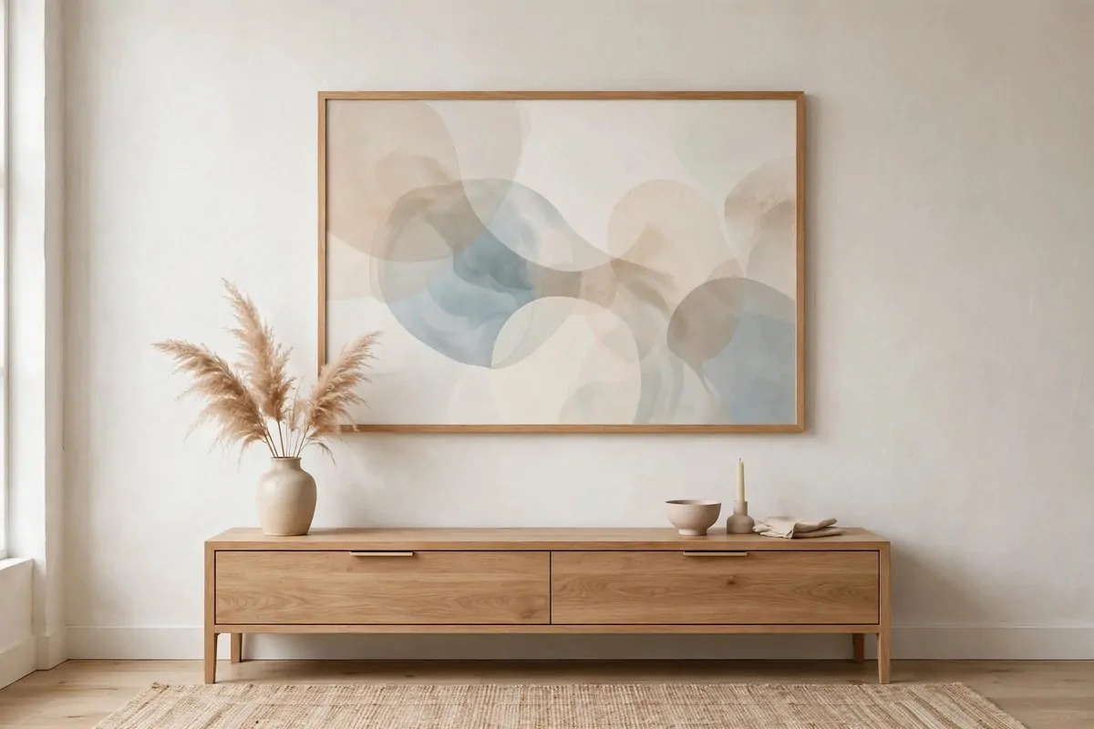 30 Room Decor Upgrades That Instantly Change the Mood 9 Large framed abstract art print above a console table