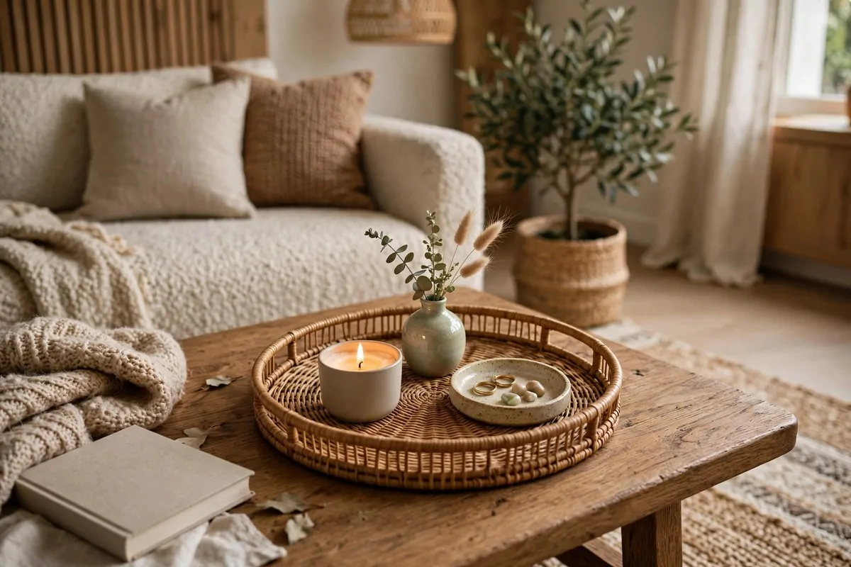 30 Room Decor Upgrades That Instantly Change the Mood 12 Styled coffee table tray with candle and small vase
