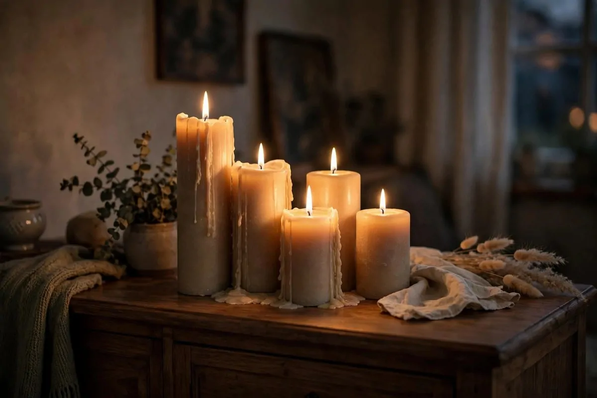 30 Room Decor Upgrades That Instantly Change the Mood 13 Cluster of glowing pillar candles on a sideboard