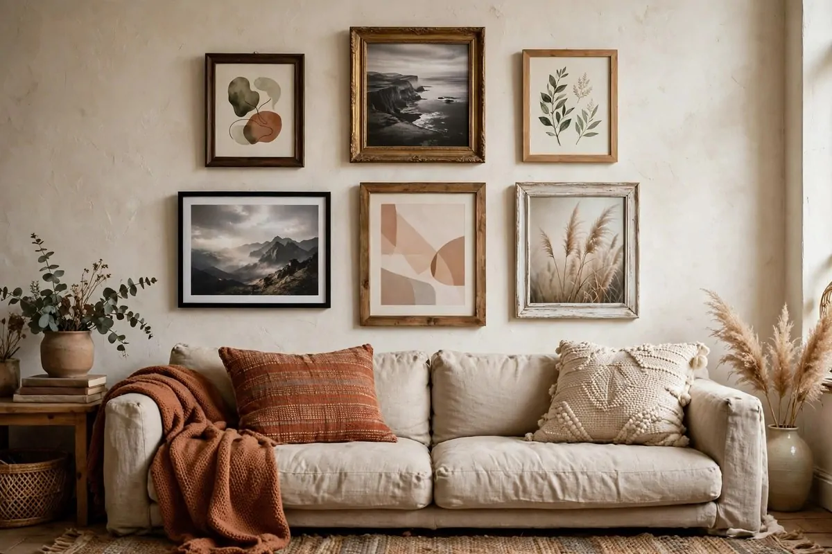 30 Room Decor Upgrades That Instantly Change the Mood 15 Small gallery wall of framed prints above a sofa