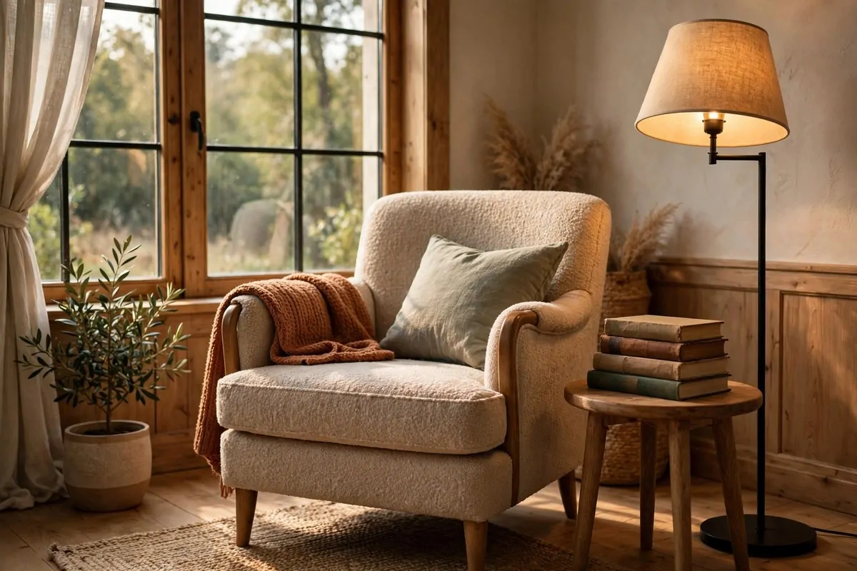 30 Room Decor Upgrades That Instantly Change the Mood 16 Cozy reading corner with armchair, books and floor lamp