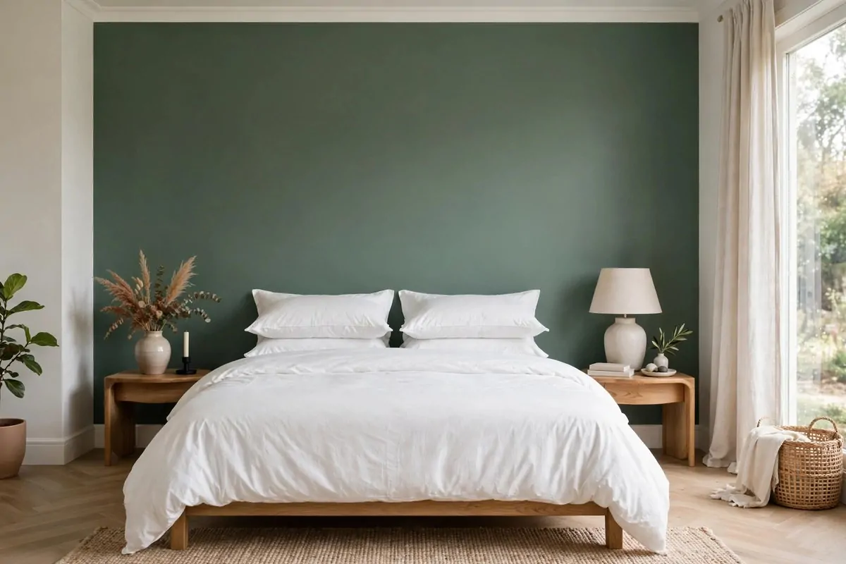 30 Room Decor Upgrades That Instantly Change the Mood 17 Bedroom with a deep sage green accent wall behind the bed