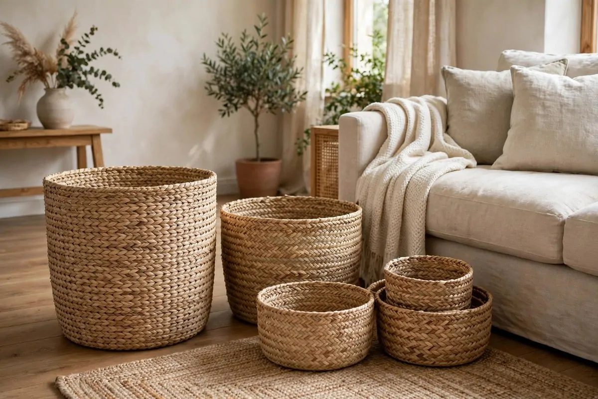 30 Room Decor Upgrades That Instantly Change the Mood 18 Woven seagrass baskets beside a sofa in a living room