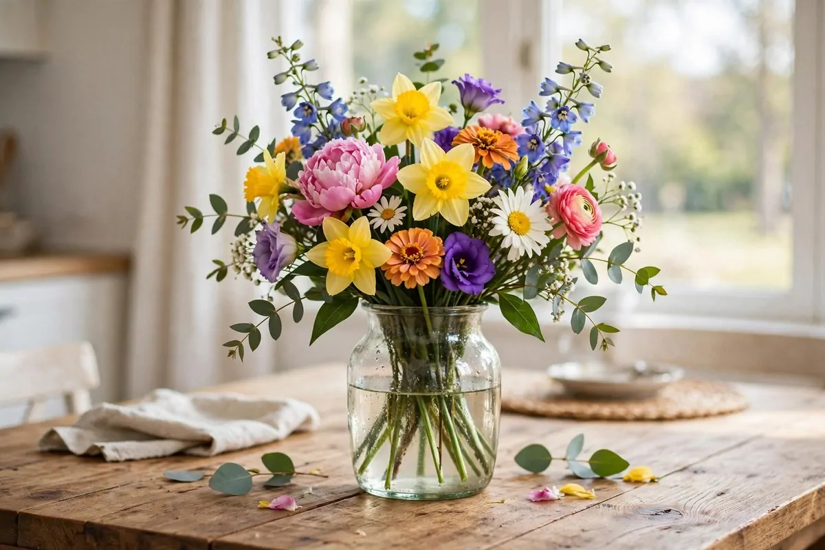 30 Room Decor Upgrades That Instantly Change the Mood 19 Glass vase with fresh colorful flowers on a dining table