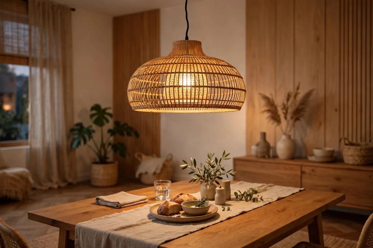 30 Room Decor Upgrades That Instantly Change the Mood 20 Rattan pendant light glowing over a dining table