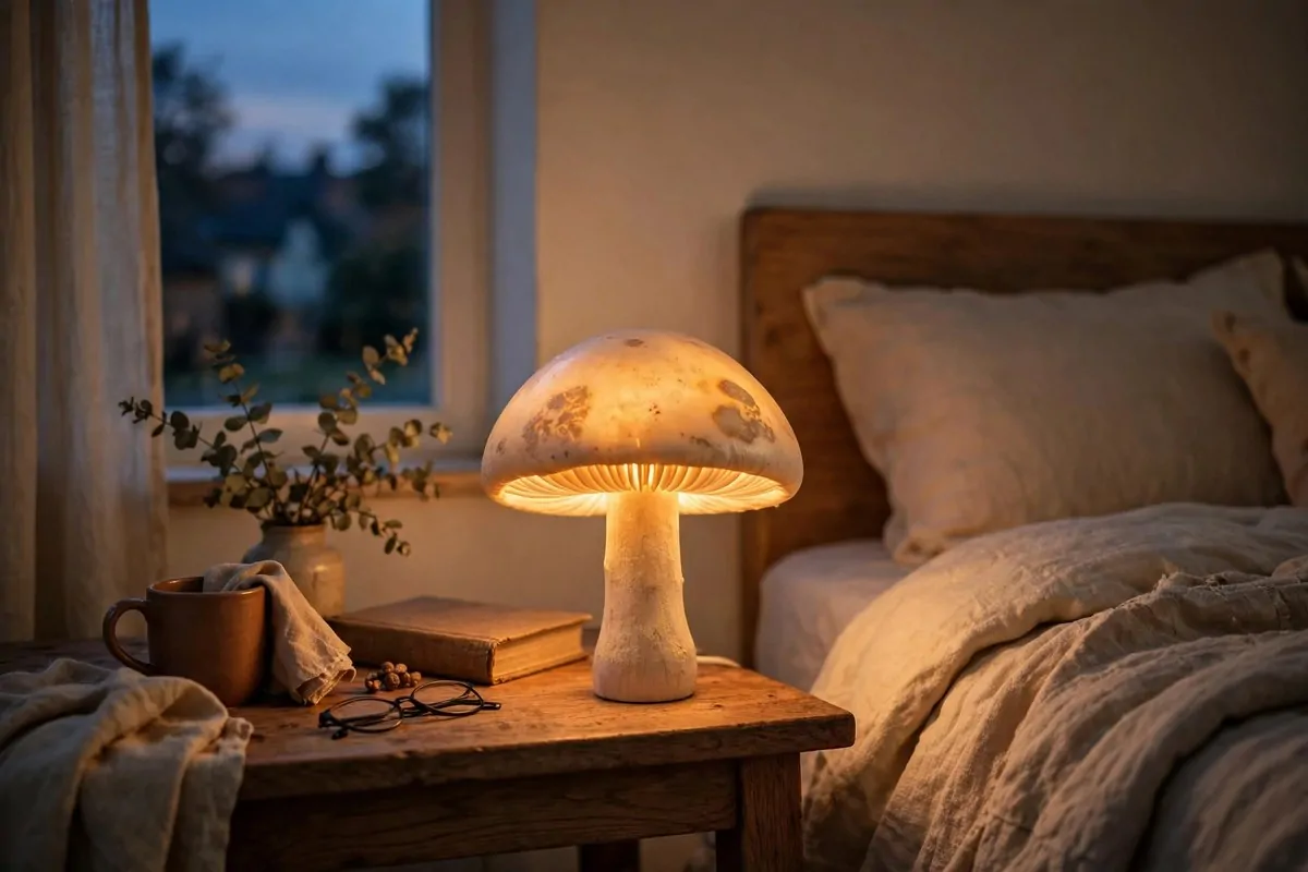 30 Room Decor Upgrades That Instantly Change the Mood 21 Glowing mushroom-shaped lamp on a bedside table at dusk