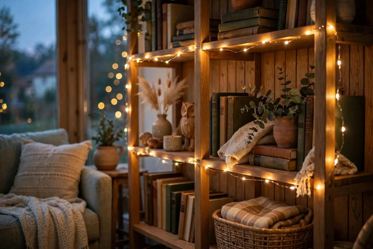 30 Room Decor Upgrades That Instantly Change the Mood 22 Warm fairy lights draped along a bookshelf at dusk
