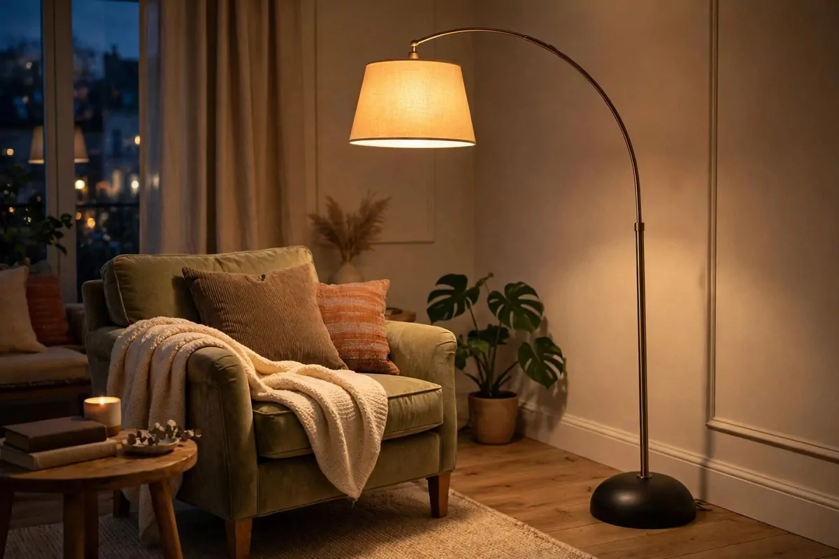 30 Room Decor Upgrades That Instantly Change the Mood 24 Arc floor lamp glowing in a cozy living room corner