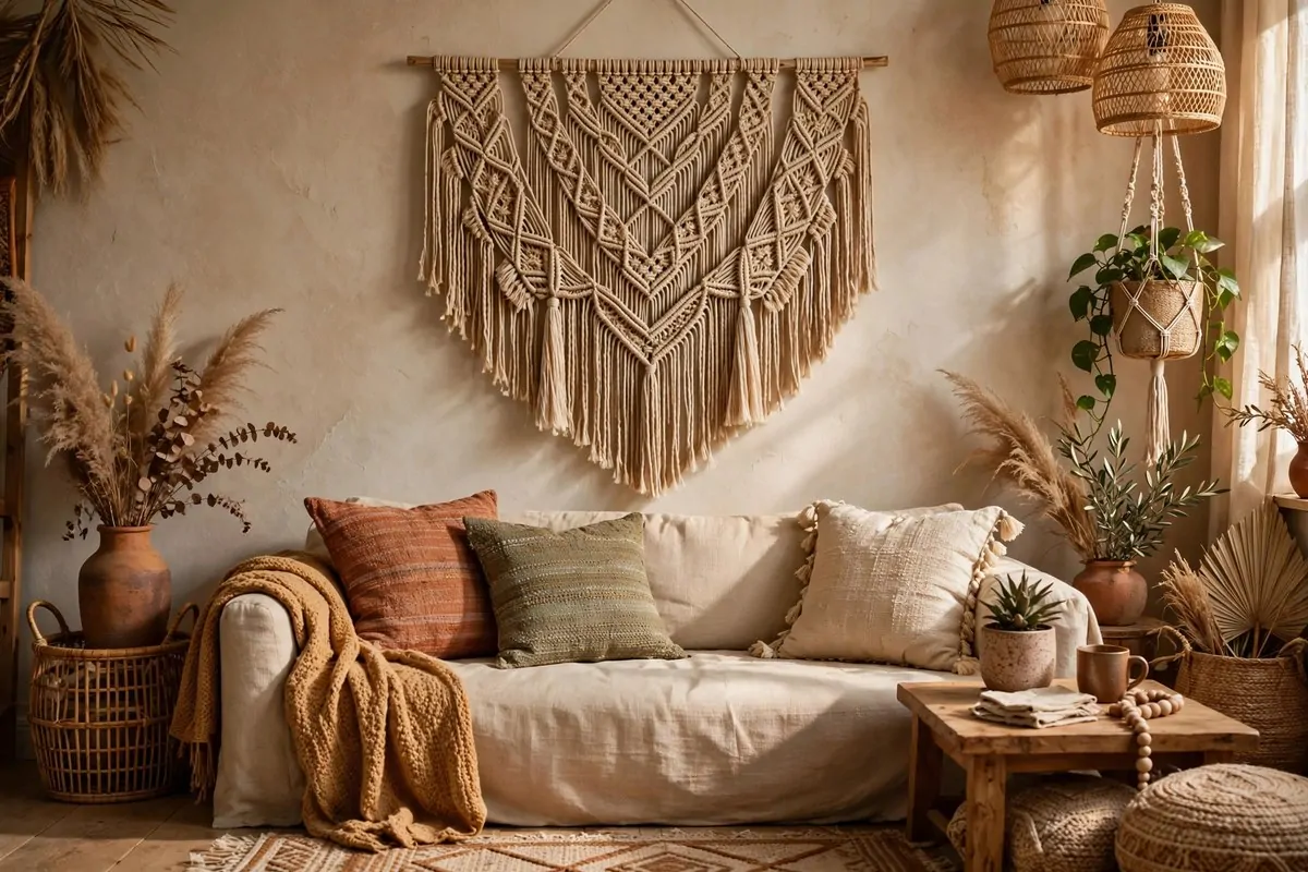 30 Room Decor Upgrades That Instantly Change the Mood 26 Macrame wall hanging above a sofa in a bohemian living room