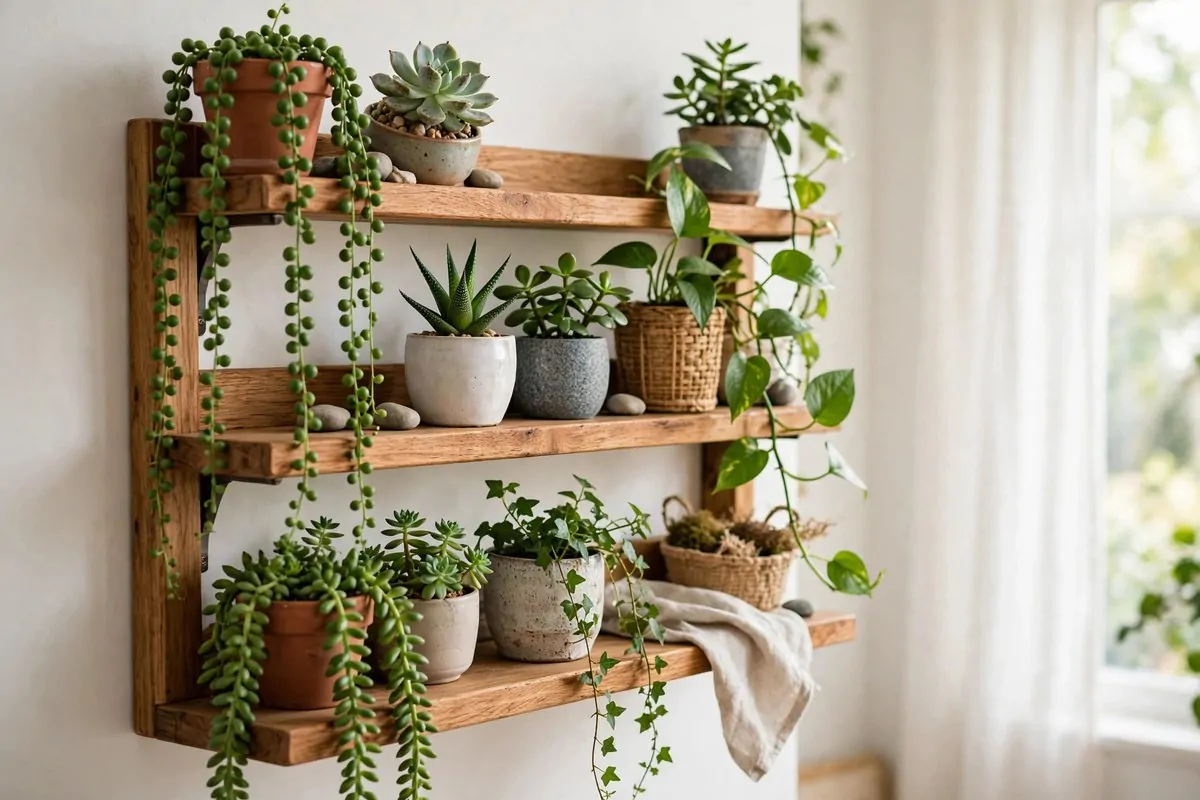 30 Room Decor Upgrades That Instantly Change the Mood 27 Wooden shelf styled with small potted plants