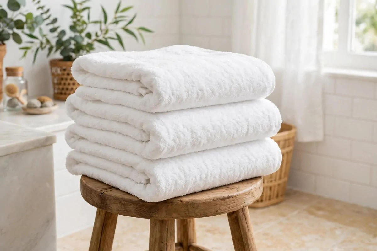 30 Room Decor Upgrades That Instantly Change the Mood 28 Stack of fluffy white bath towels in a bright bathroom