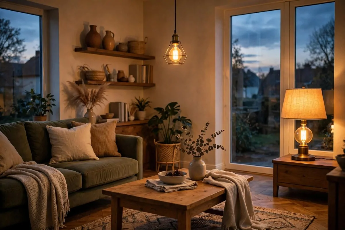 30 Room Decor Upgrades That Instantly Change the Mood 29 Living room glowing with warm Edison-style bulbs at dusk