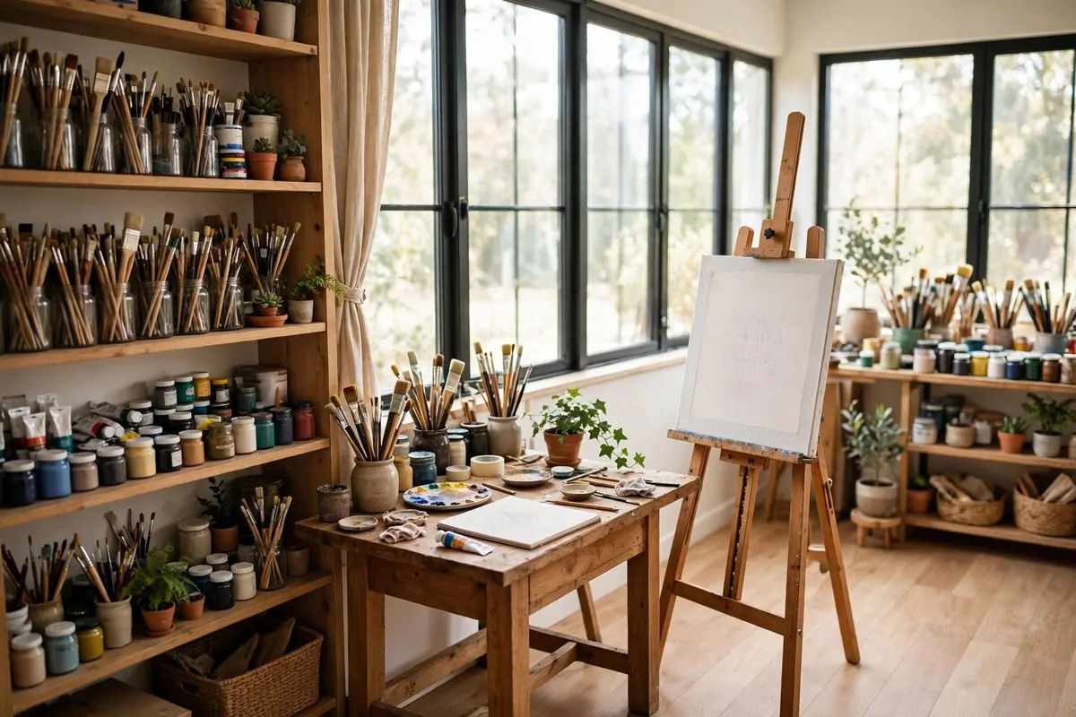 A bright home art studio corner with a wooden easel, paints and tall windows