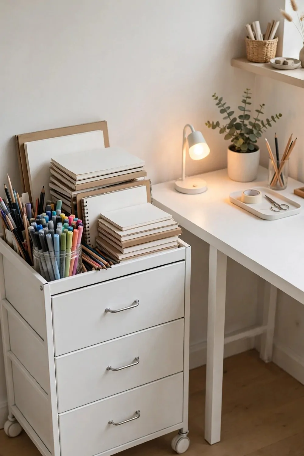 White rolling art cart with drawers beside a studio desk with a small lamp