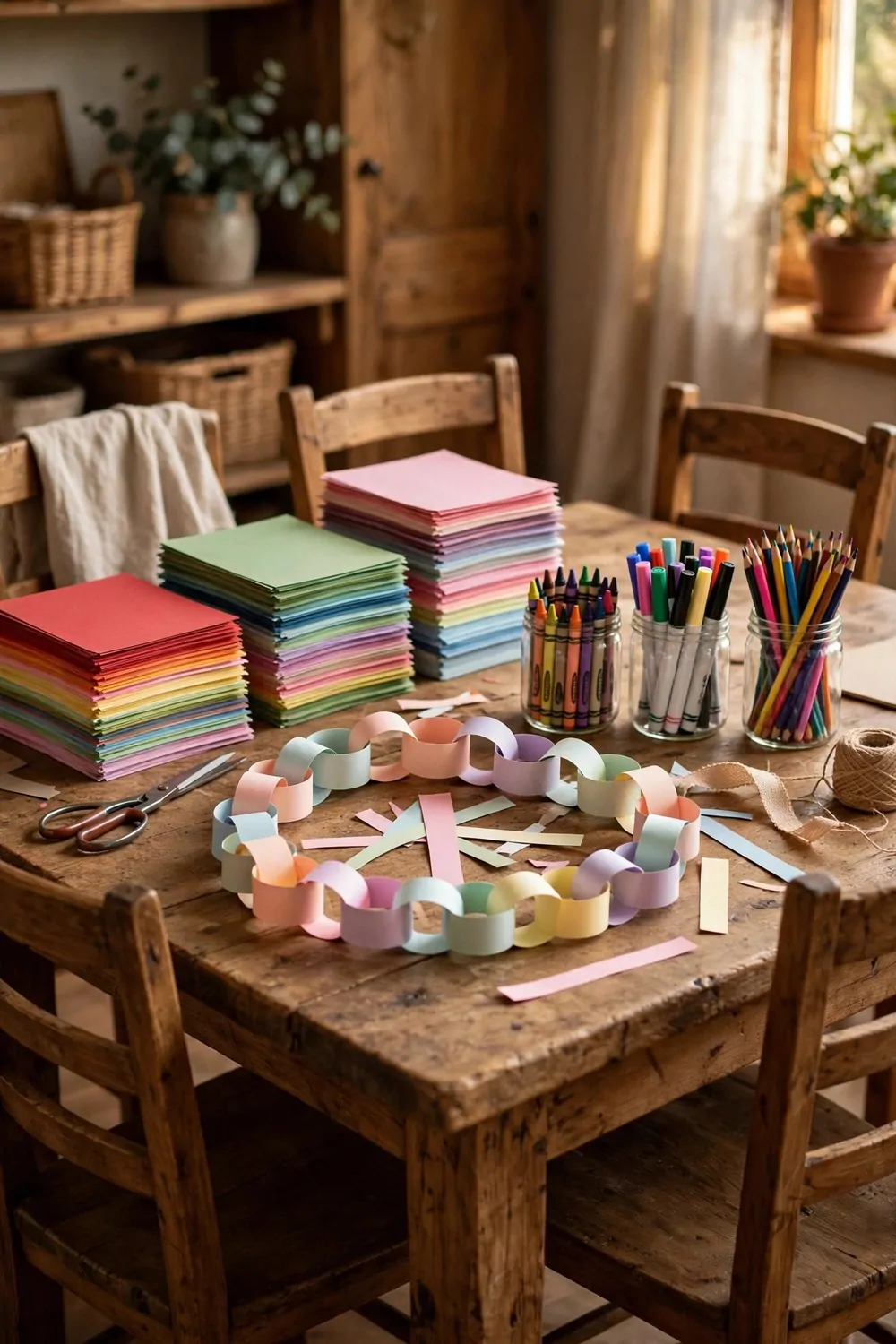 Large wooden craft table with chairs, colored paper and jars of crayons
