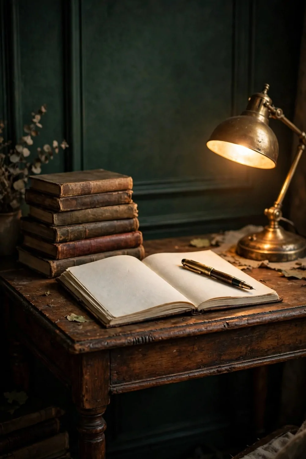 Cozy writing den with antique wooden desk, open notebook and brass lamp