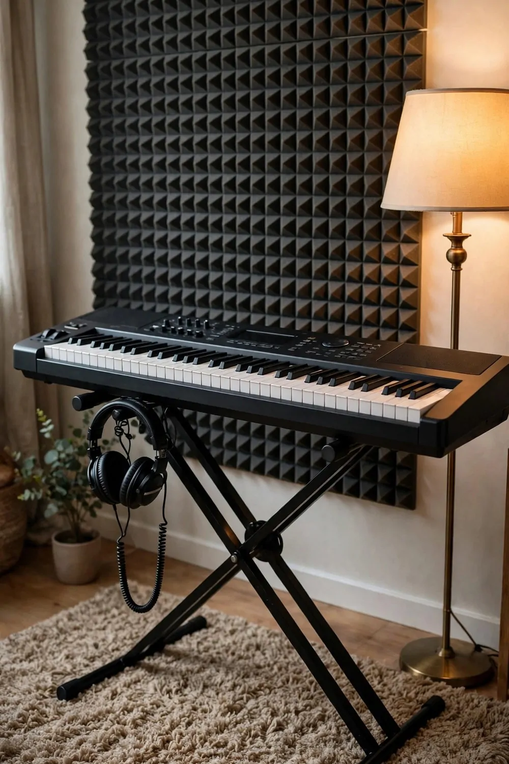 Home music corner with keyboard on a stand, foam wall panels and rug