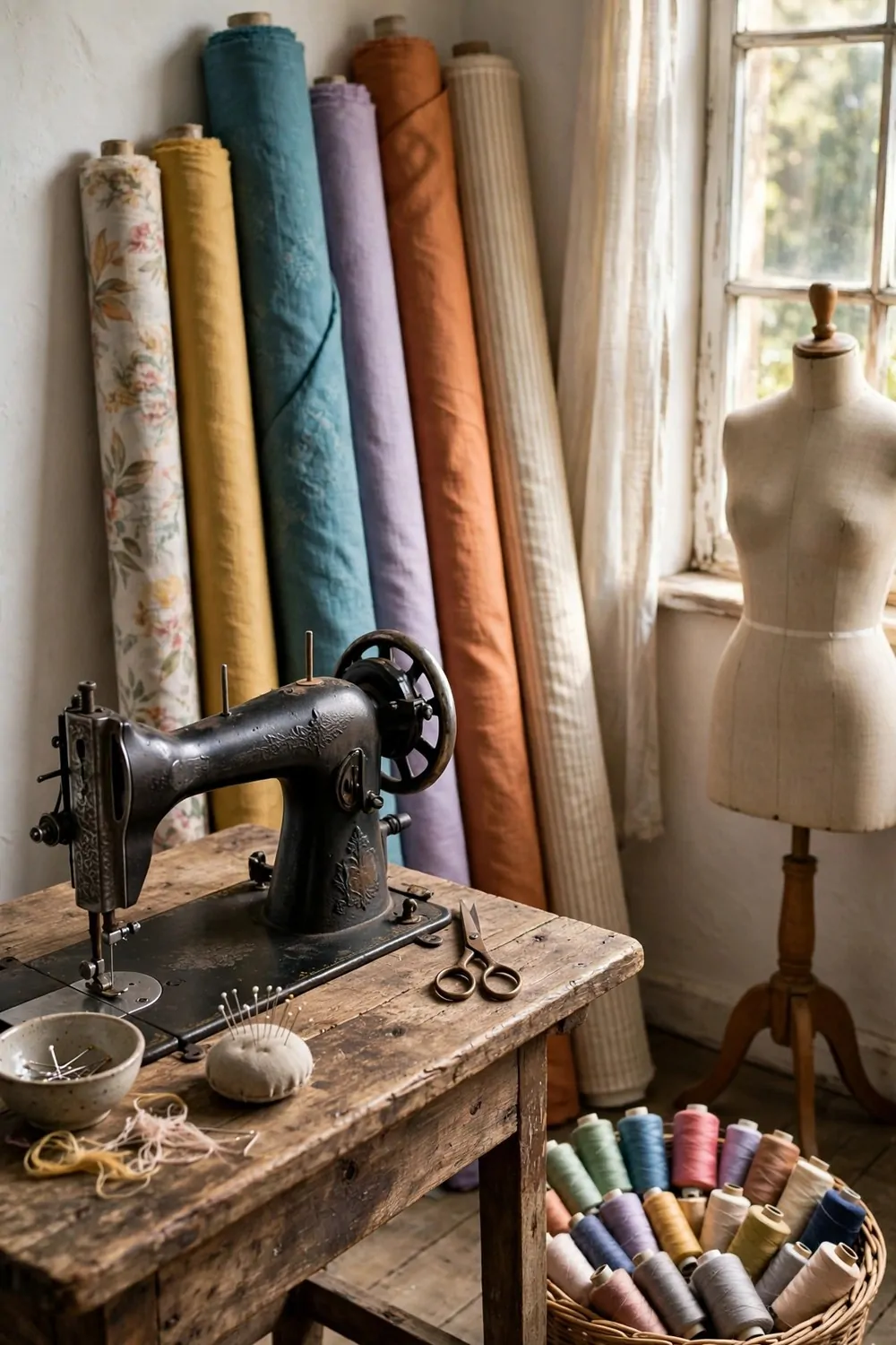 Sewing corner with vintage sewing machine, fabric rolls and thread spools