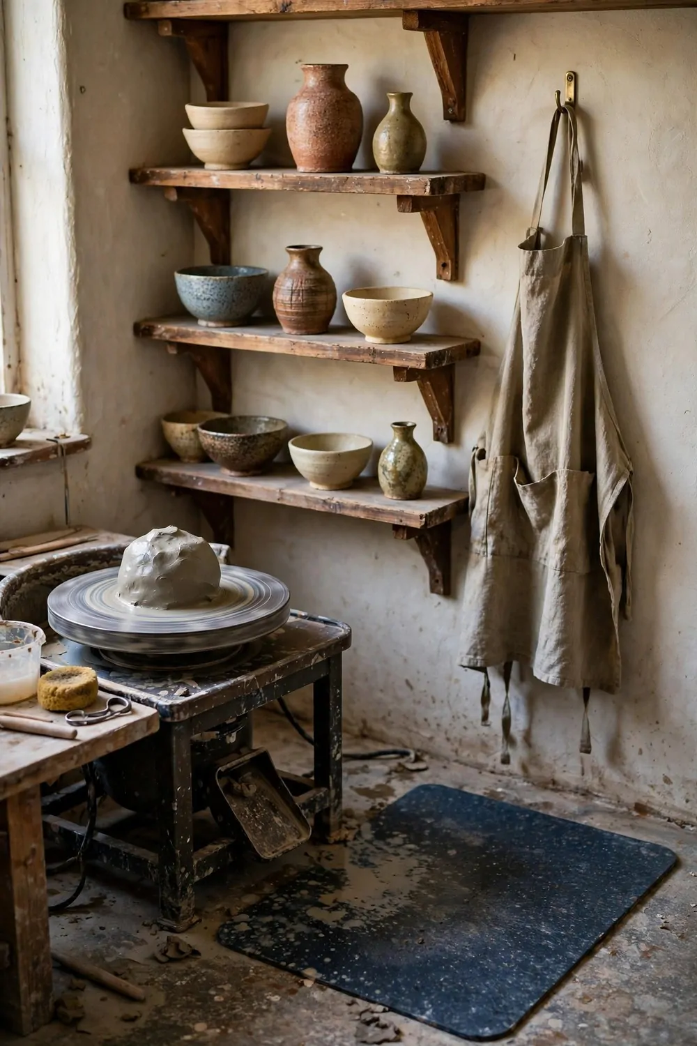Pottery corner with wheel, clay and shelves of handmade bowls