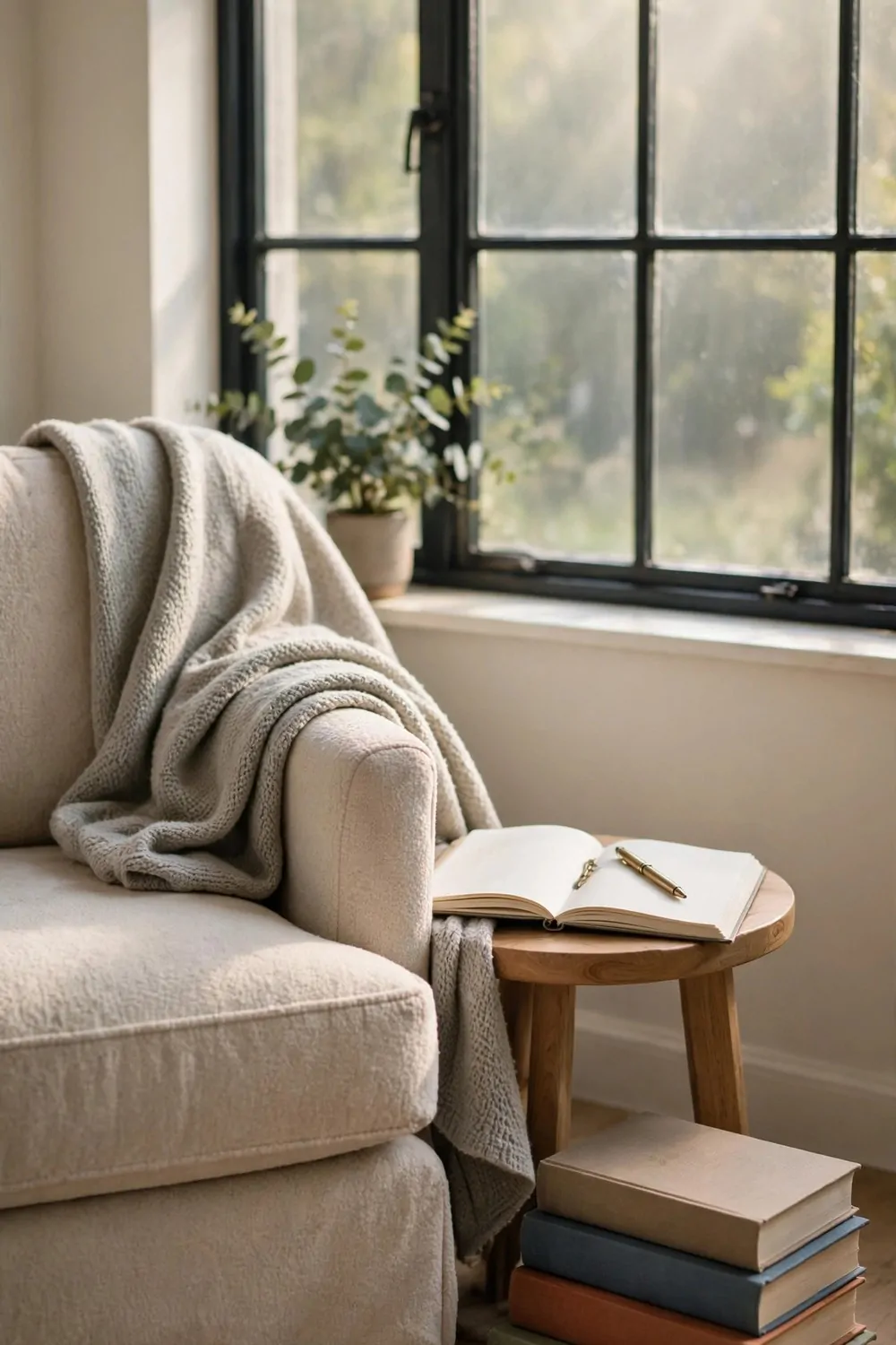 Journal corner with armchair and side table by a bright window