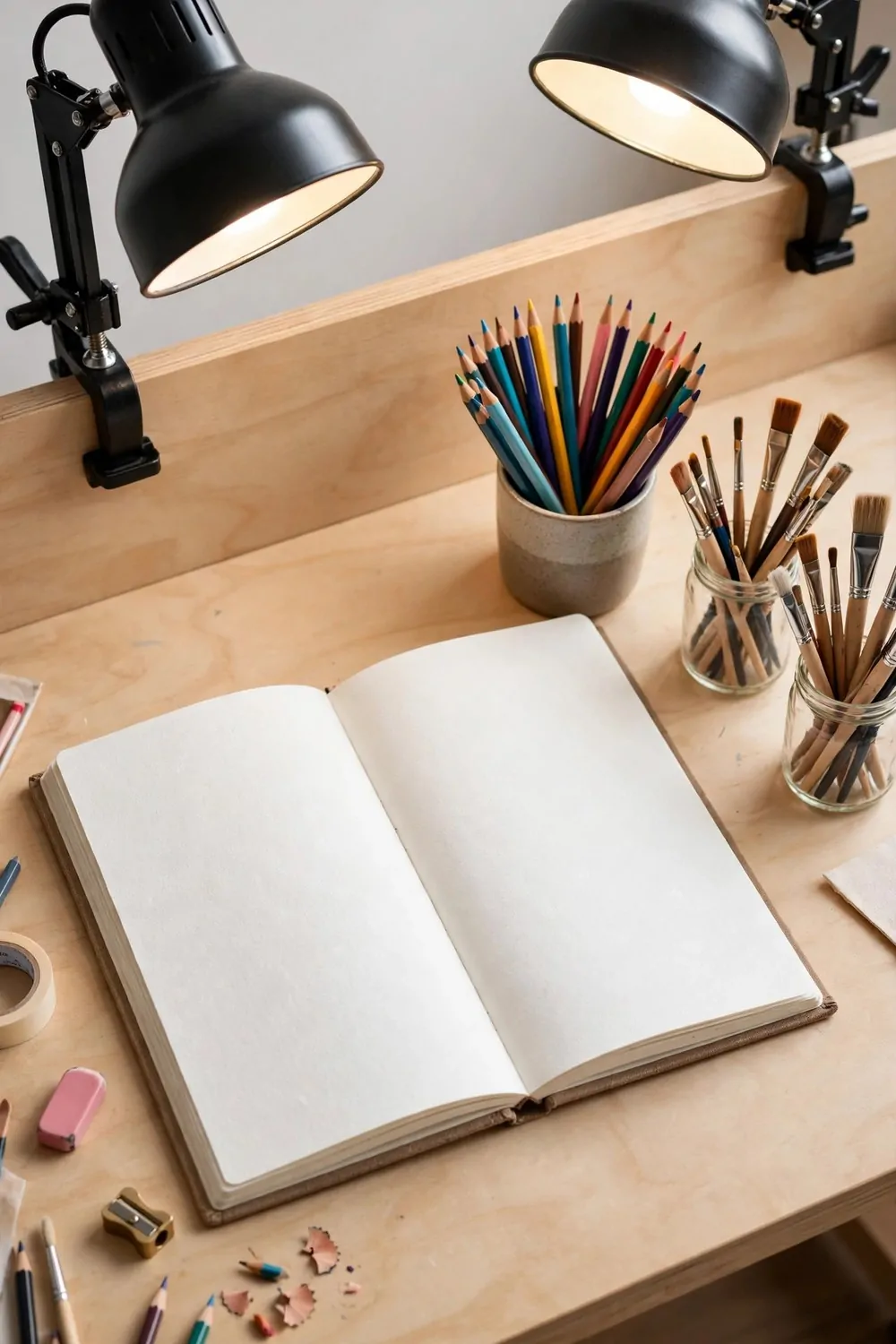 Artist's desk lit by two clamp lamps with sketchbook and pencils