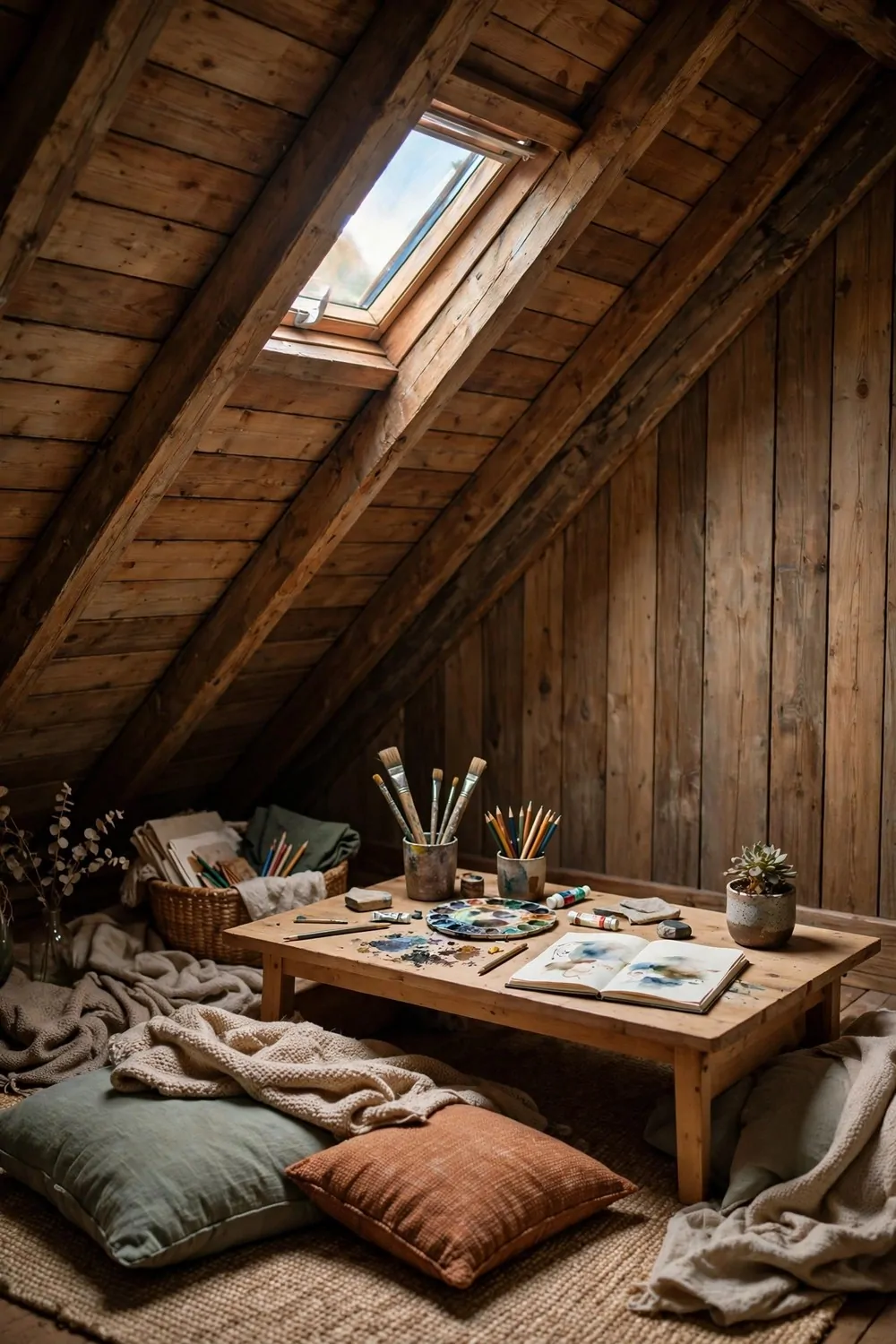 Attic studio under a sloped ceiling with skylight and low wooden desk