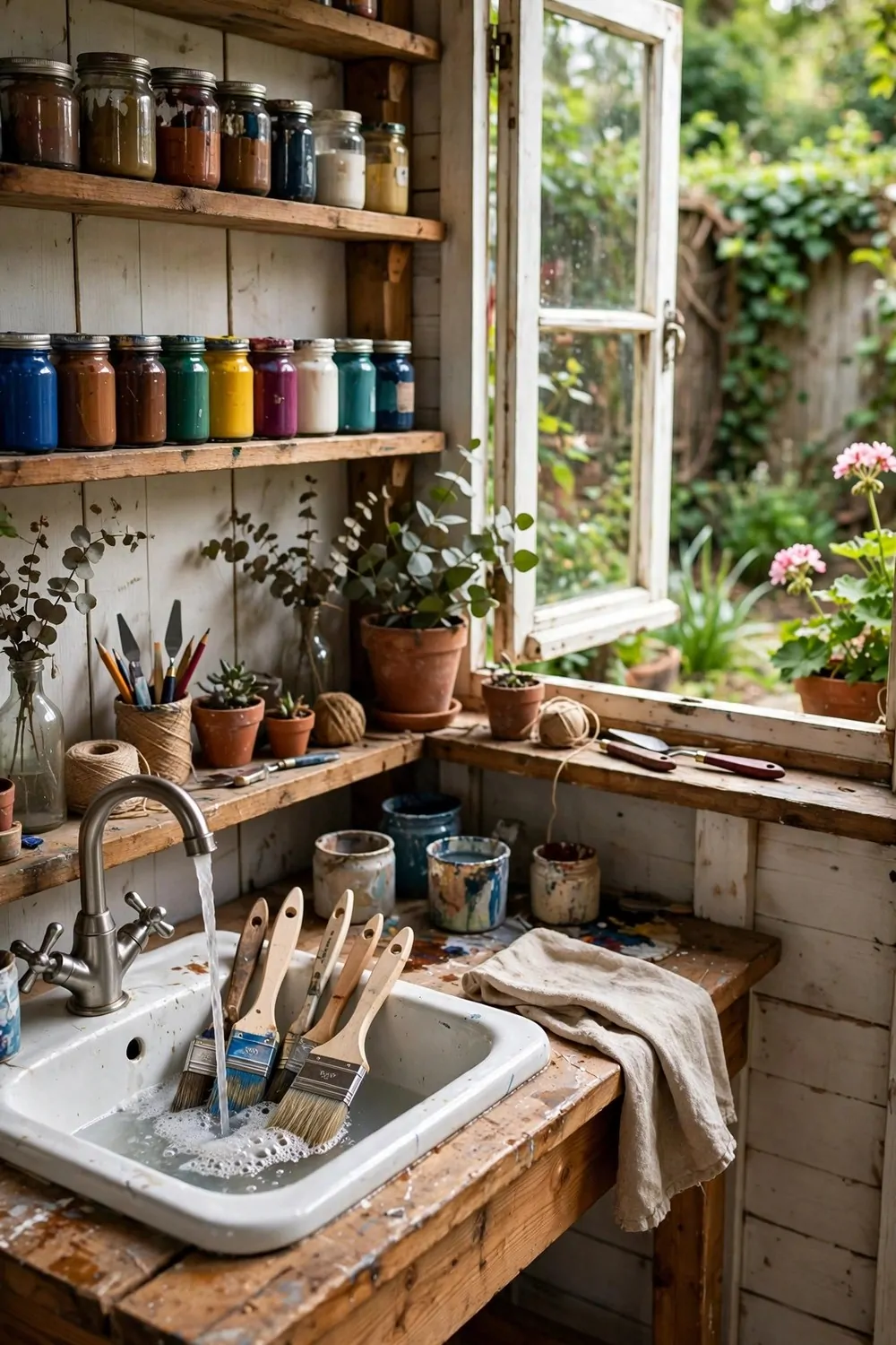 Converted garden shed studio with sink, workbench and open window