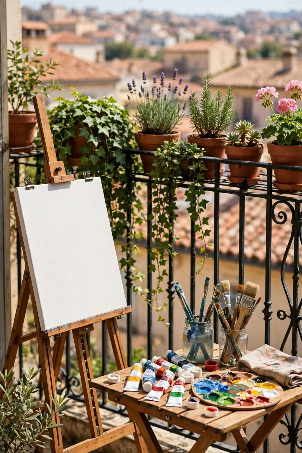 Open-air painting corner on a balcony with easel and plants