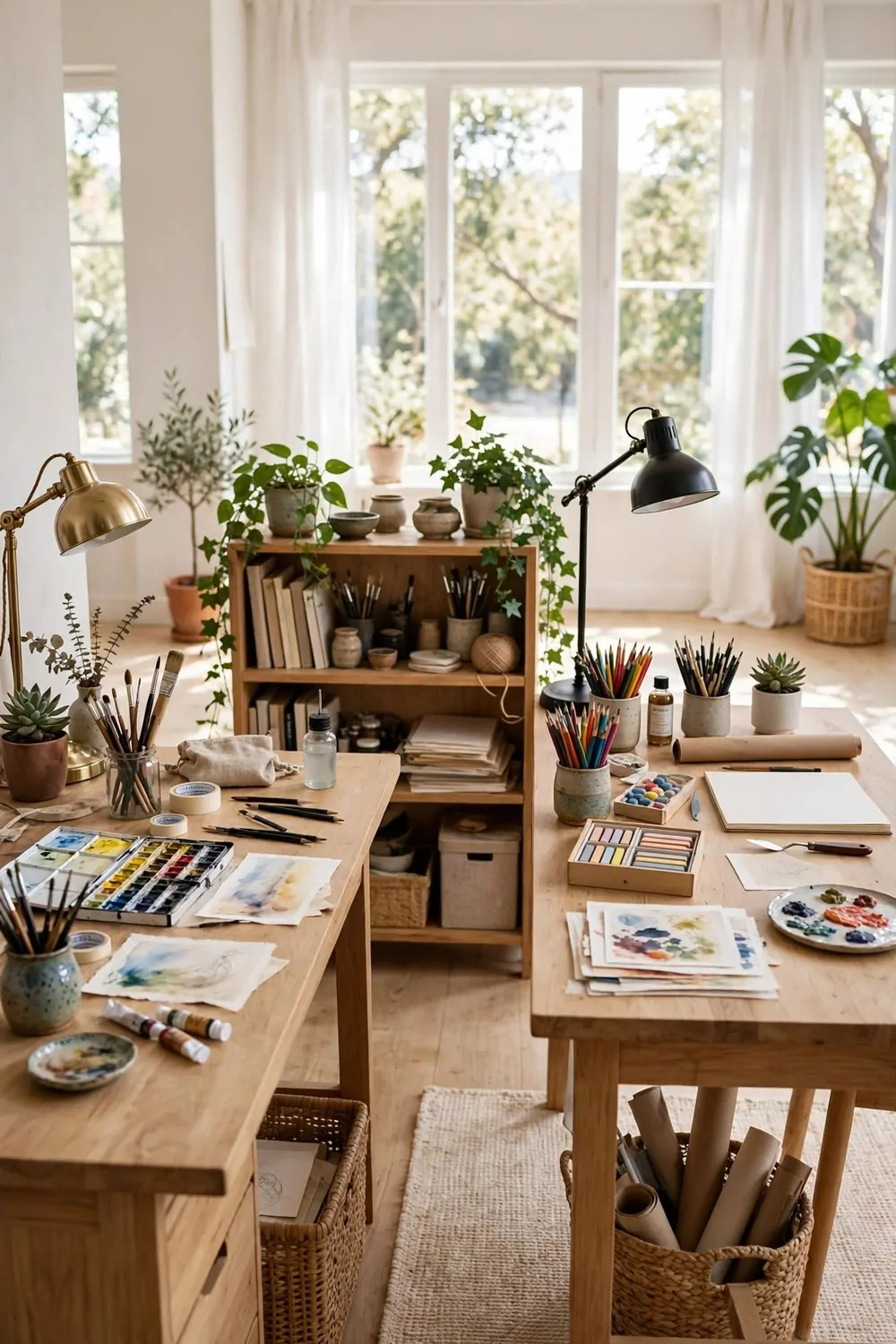 Shared studio with two desks divided by a low bookshelf