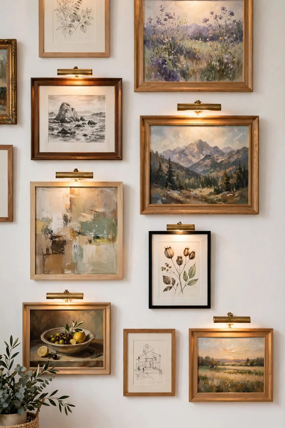 Gallery wall of framed original paintings with picture lights