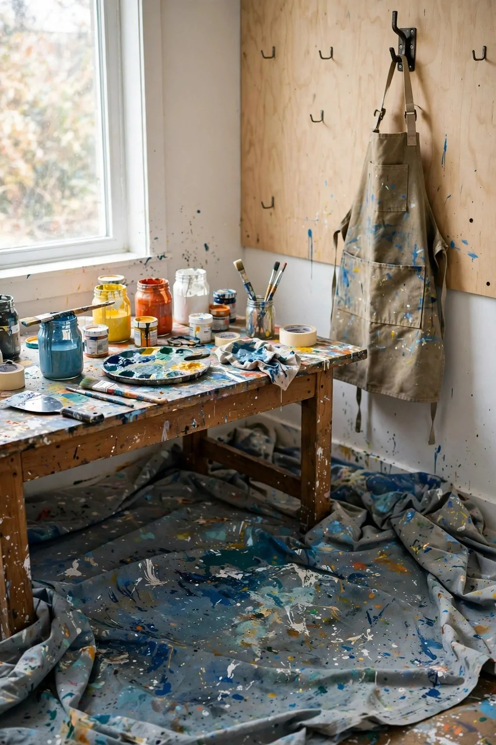 Splash-proof work zone with drop cloth, paints and apron