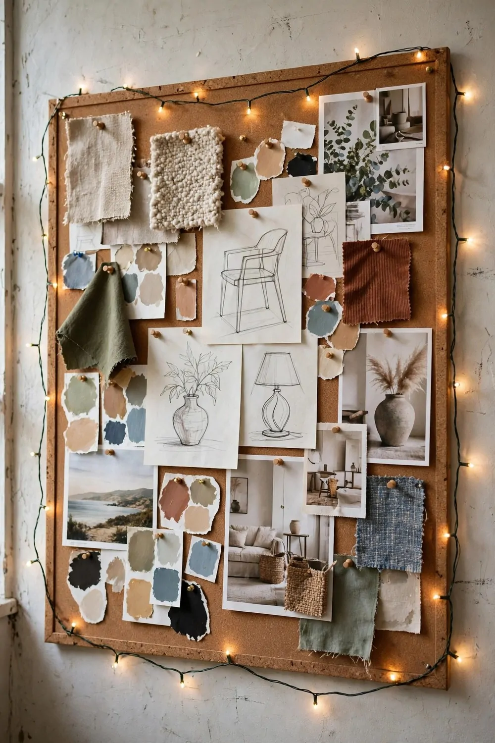 Corkboard inspiration wall with sketches, swatches and fairy lights