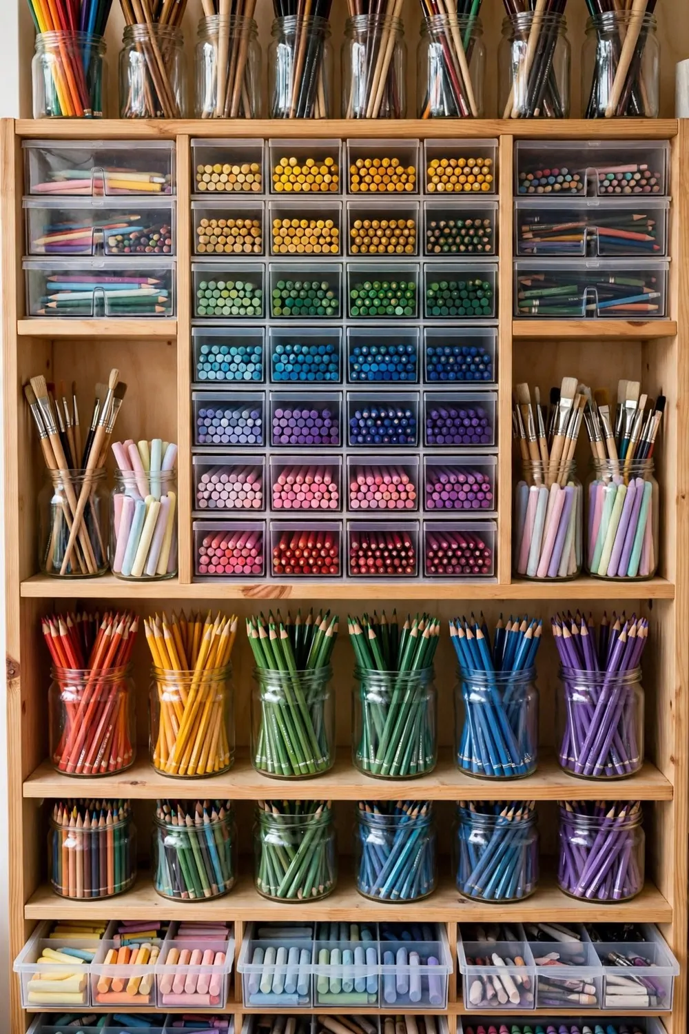Storage wall with jars and drawers of sorted art supplies