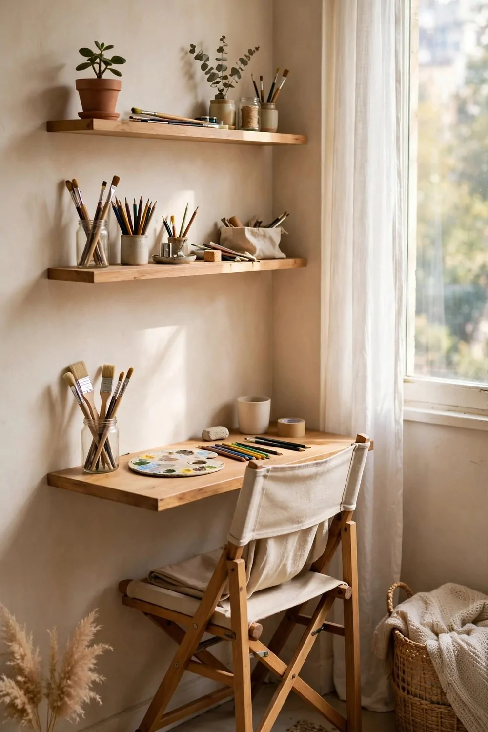 Single-wall studio with narrow desk and floating shelves