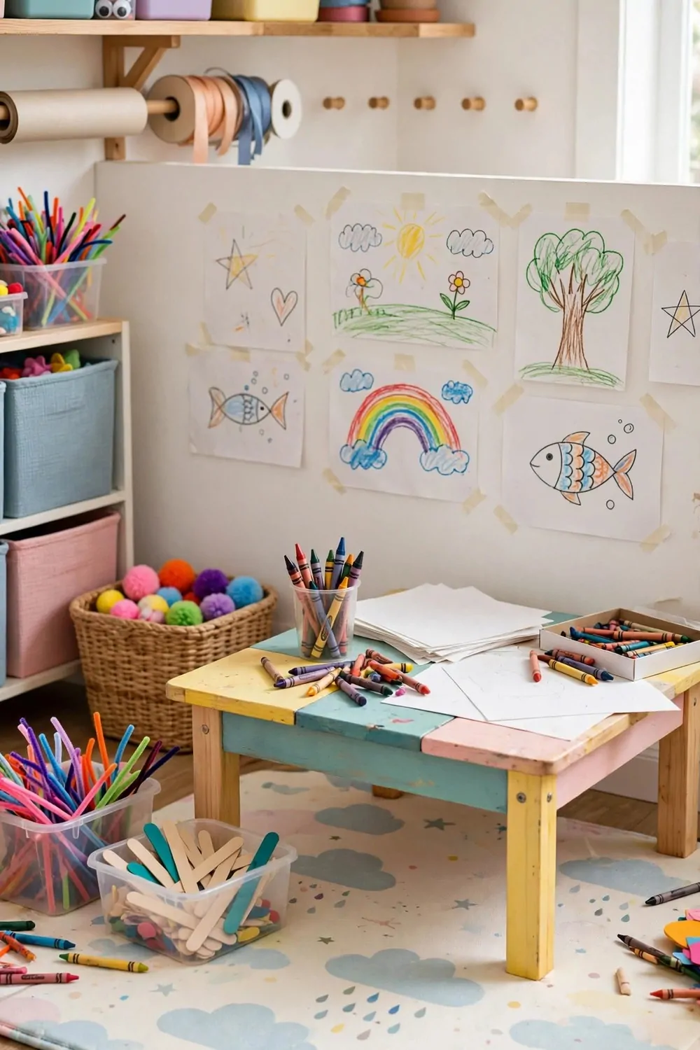 Kids' art zone with low table, crayons and drawings on the wall