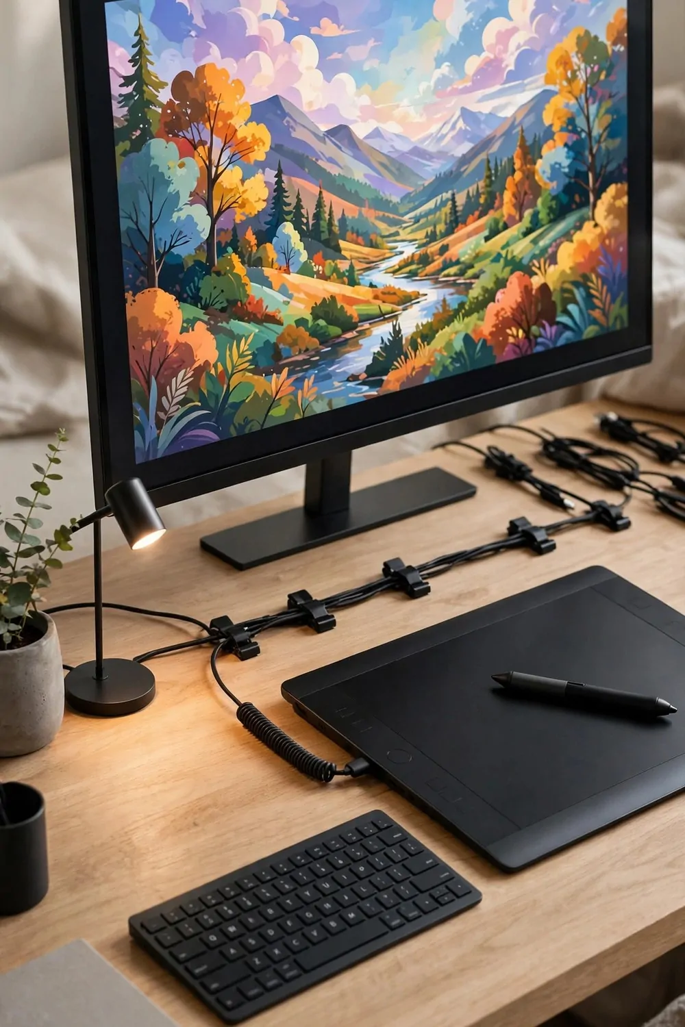 Digital art desk with monitor, drawing tablet and stylus