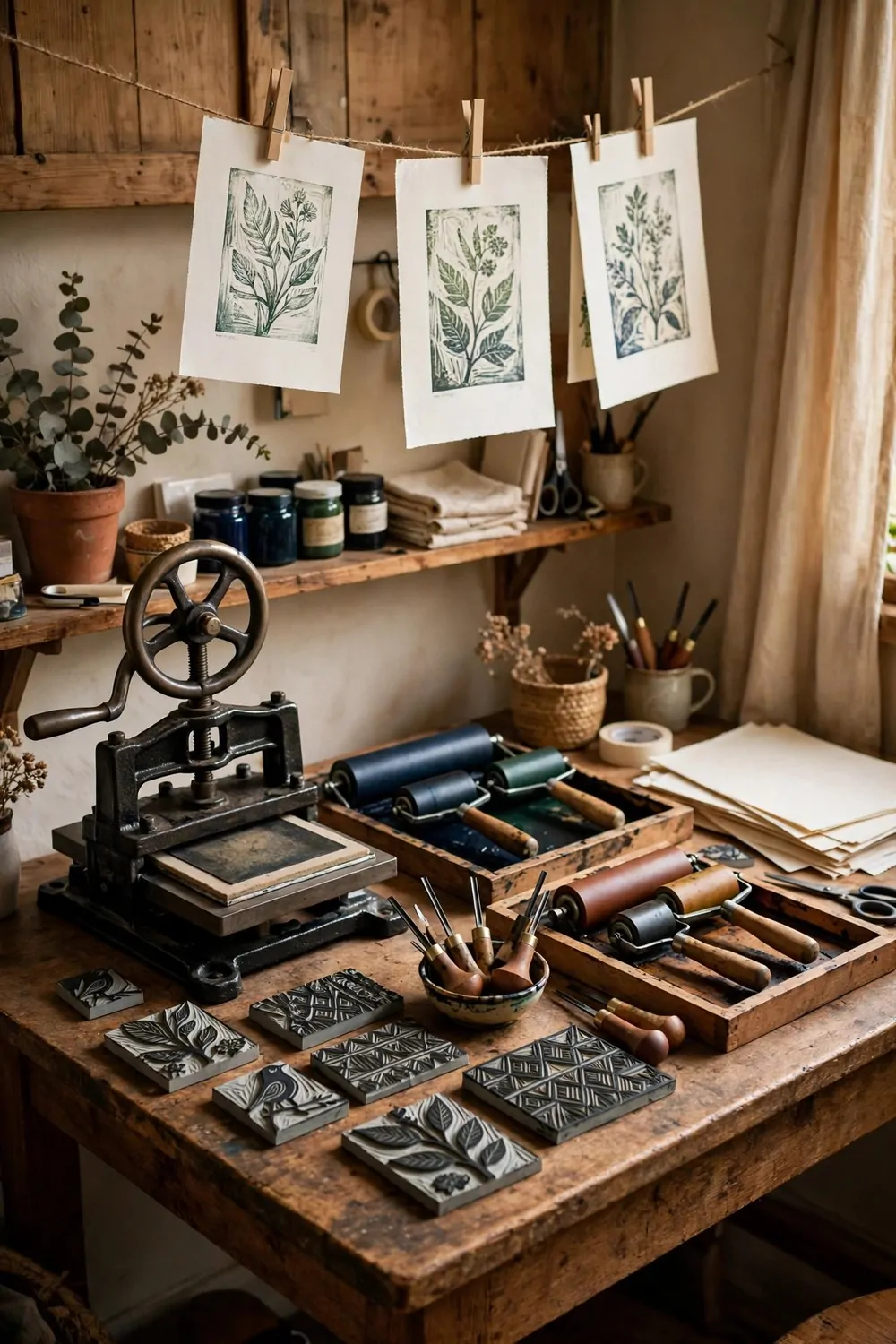 Printmaking nook with hand press, ink rollers and drying paper